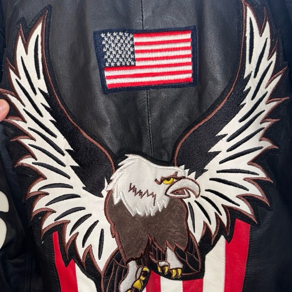 Interstate  Motorcycle Jacket Mens L Buffalo Leather USA Flag Eagle Patches - Picture 5 of 11